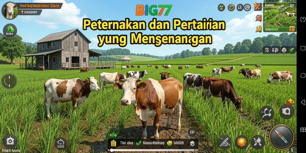 Tampilan gameplay <strong>BIG77</strong> dengan latar belakang pertanian yang indah.