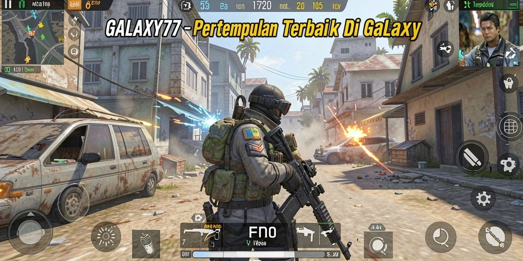 Screenshot gameplay GALAXY77 dengan aksi tembak-menembak yang mendebarkan.