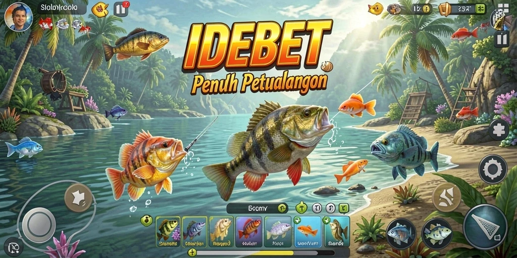 Screenshot gameplay IDEBET menunjukkan momen seru saat memancing ikan besar.