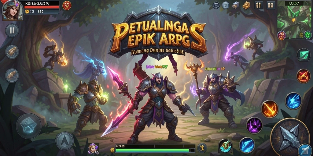 Tampilan gameplay seru dengan karakter bertarung di dunia fantasi.