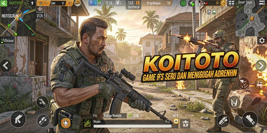 Screenshot gameplay KOITOTO yang menampilkan aksi menembak yang intens.