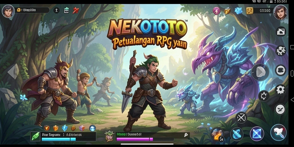 Screenshot gameplay NEKOTOTO dengan karakter yang beraksi di medan tempur RPG.