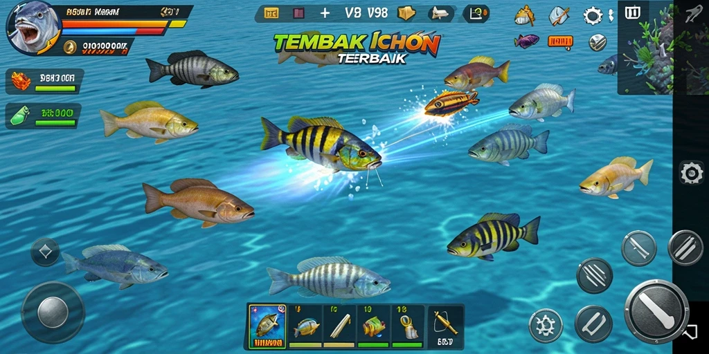 Tangkapan layar gameplay V98 menampilkan aksi tembak ikan yang seru.